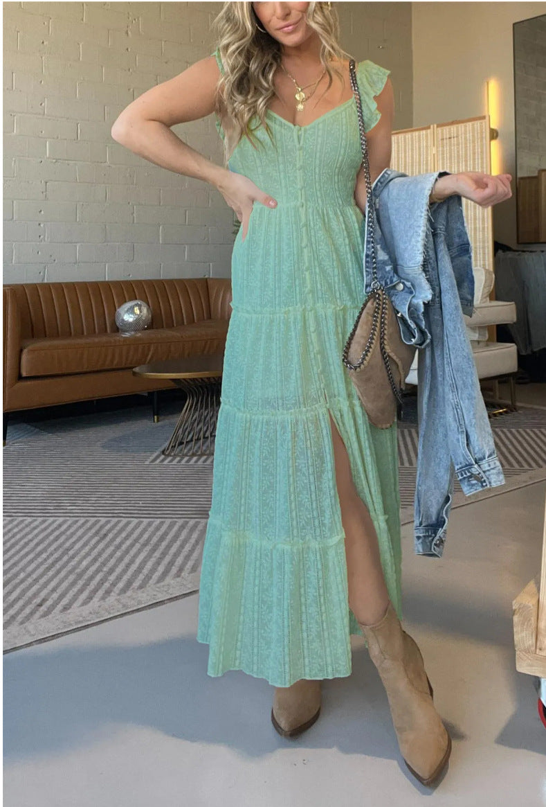 Amsoin V-neck Lace Ruffle Strap Long Dress