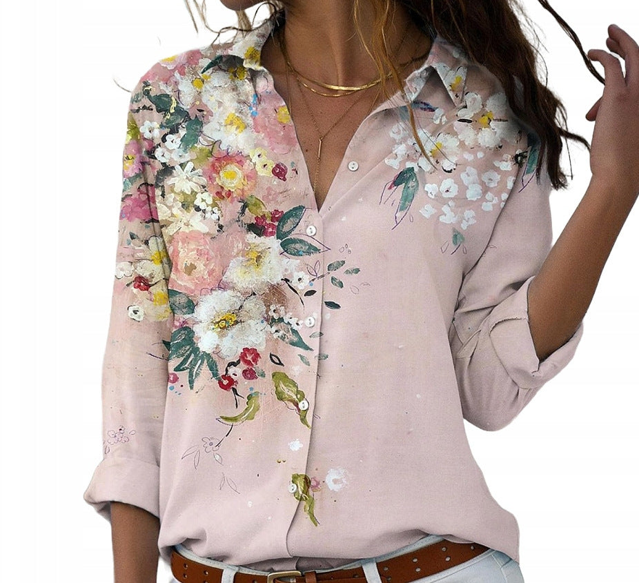 Fashion Printing Lapel Long Sleeve Shirt For Women