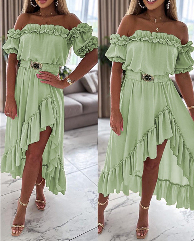 Amsoin Ruffle Frill Hem Asymmetrical Maxi Dress