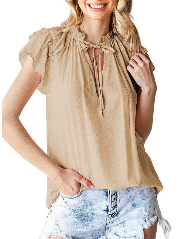 V-Neck Puff Sleeve Cotton Blend Top with Short Sleeves