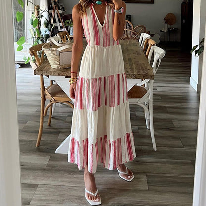 Amsoin Striped Print V-Neck Sleeveless Maxi Dress