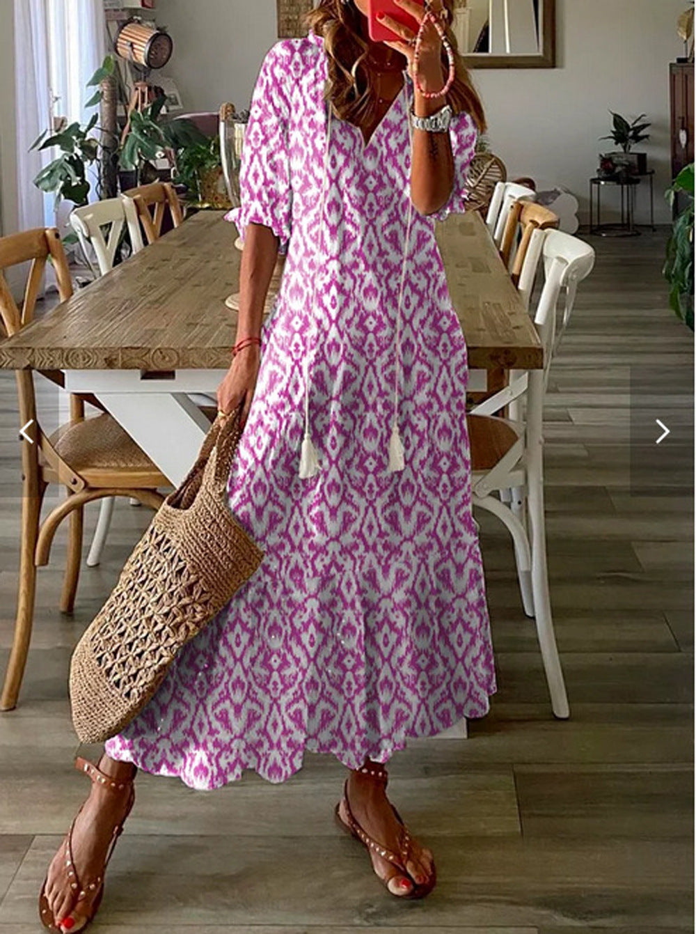 Amsoin Loose V-neck Printed Dress
