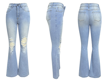 Amsoin Women's Washed Ripped High-waisted wide-leg Jeans
