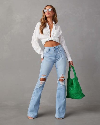 Amsoin Women's Washed Ripped High-waisted wide-leg Jeans