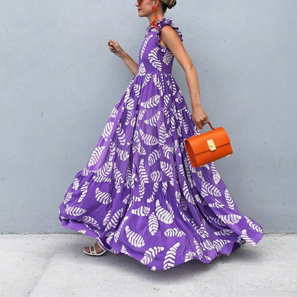 Violet Print Sleeveless Waist-controlled Large Hem Dress