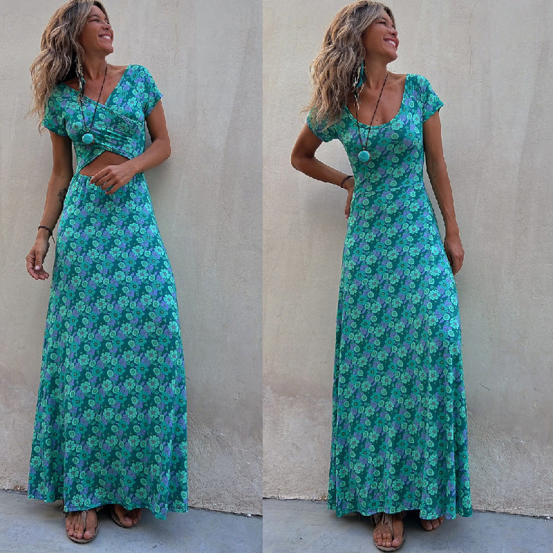 Amsoin Short-sleeved Reversible Long Hem Printed Dress