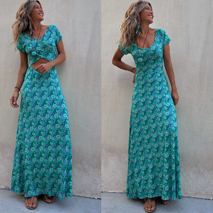 Amsoin Short-sleeved Reversible Long Hem Printed Dress