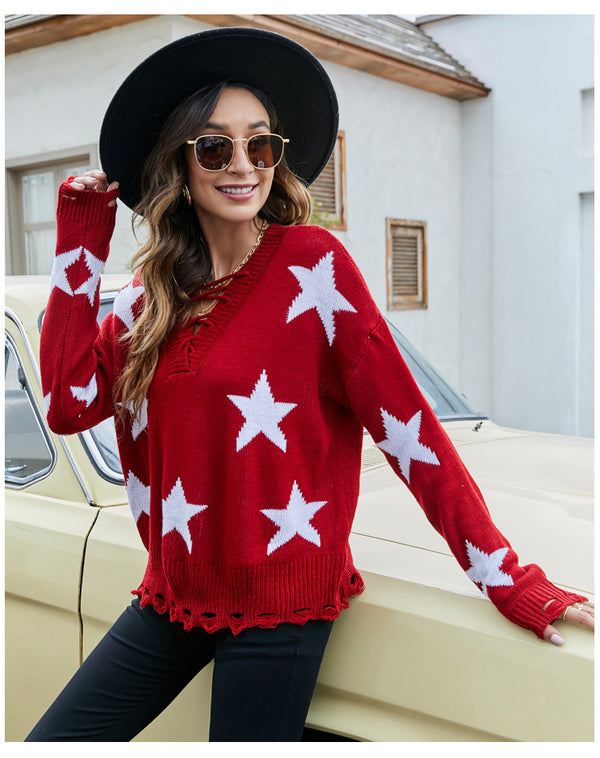 Amsoin Star Jacquard Drawstring Pullover Sweater