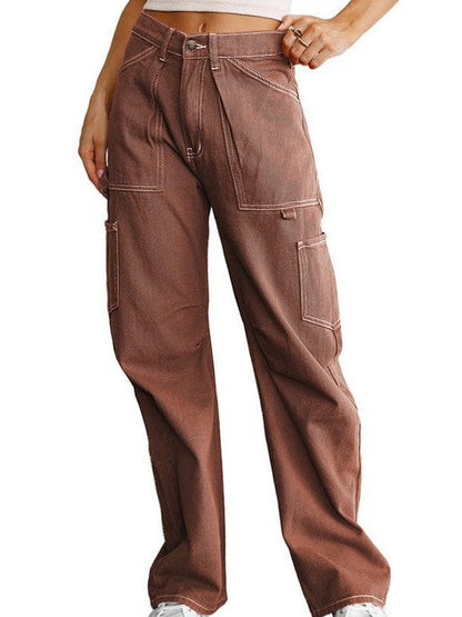 High Waist Straight Overalls with Pockets for Women