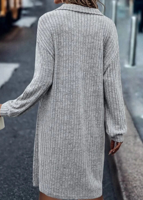 Amsoin Casual Long Sleeve V-neck Zipper Knit Dress