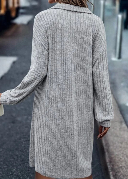 Amsoin Casual Long Sleeve V-neck Zipper Knit Dress