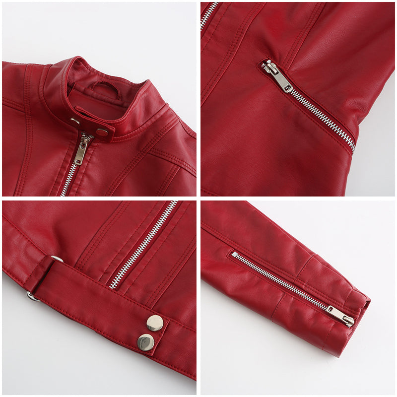 Amsoin Short Stand-Up Collar Zipped Leather Jacket