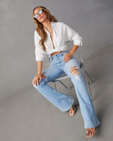 Amsoin Women's Washed Ripped High-waisted wide-leg Jeans