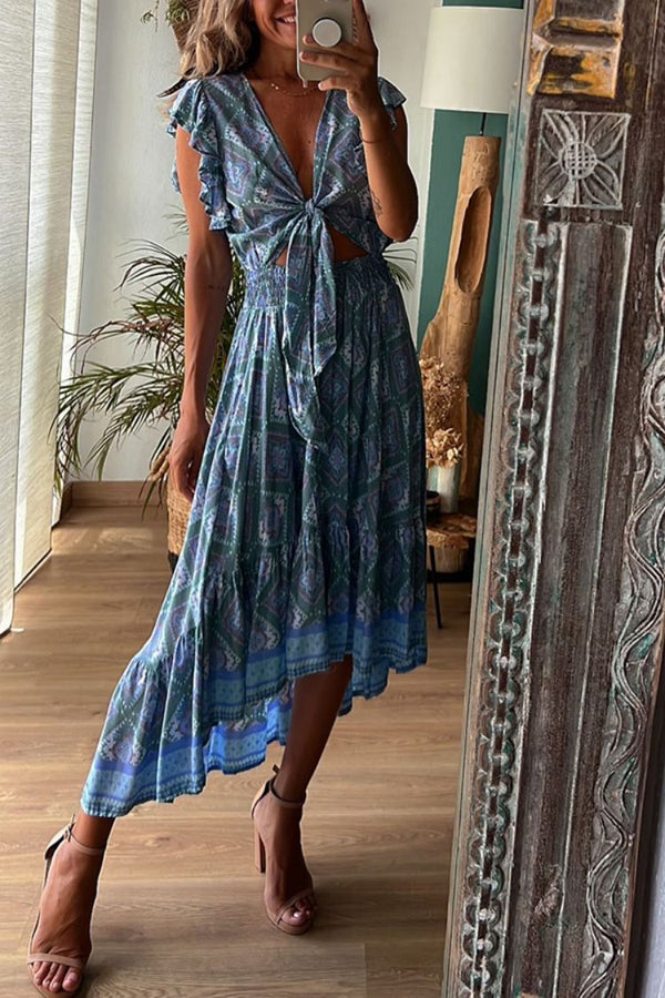 Amsoin Lace-up Printed Flying Sleeves Long Dress