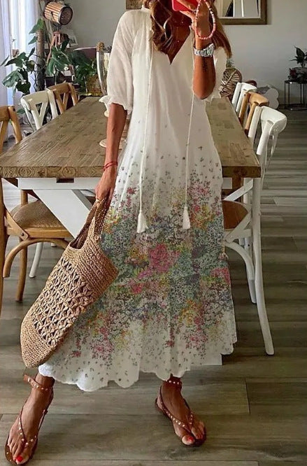Amsoin Loose Bohemian Printed V-neck Maxi Dress