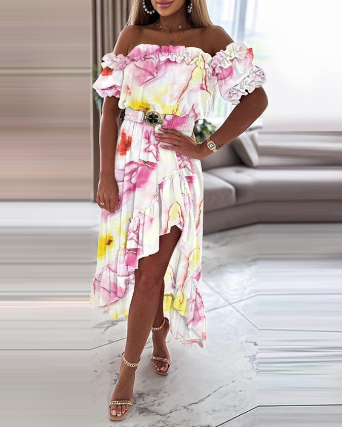 Amsoin Ruffle Frill Hem Asymmetrical Maxi Dress