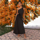 Amsoin One Shoulder Drawstring Cut Out Pleated Swing Maxi Dress