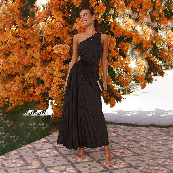 Amsoin One Shoulder Drawstring Cut Out Pleated Swing Maxi Dress