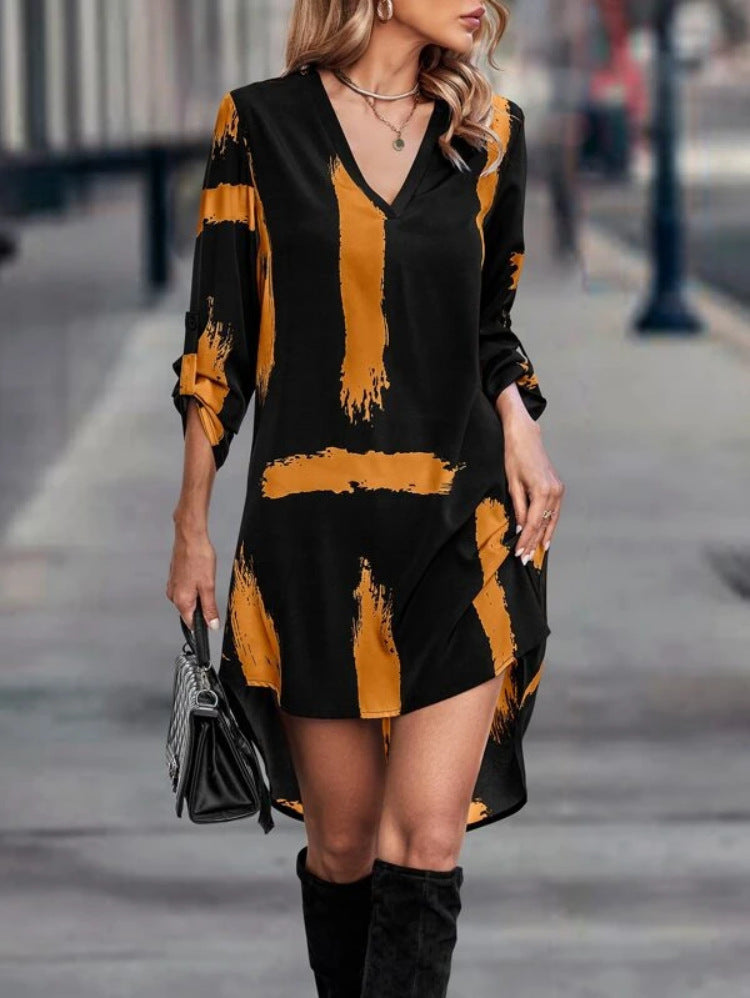 Clasi Brush Print High Low Hem Roll Up Sleeve Dress