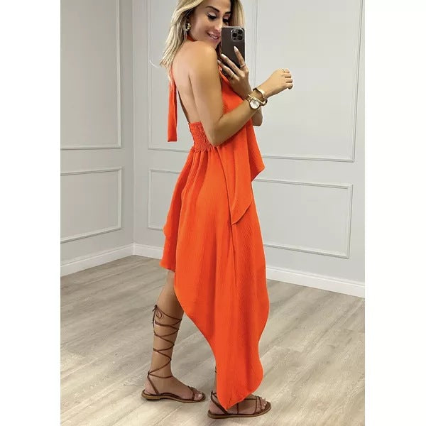 Amsoin Halter Backless Tied Detail Asymmetrical Dress