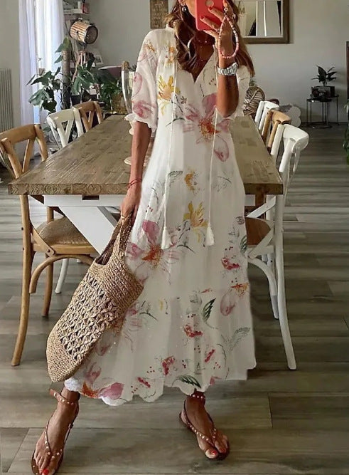 Amsoin Loose Bohemian Printed V-neck Maxi Dress