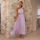 Amsoin One Shoulder Drawstring Cut Out Pleated Swing Maxi Dress