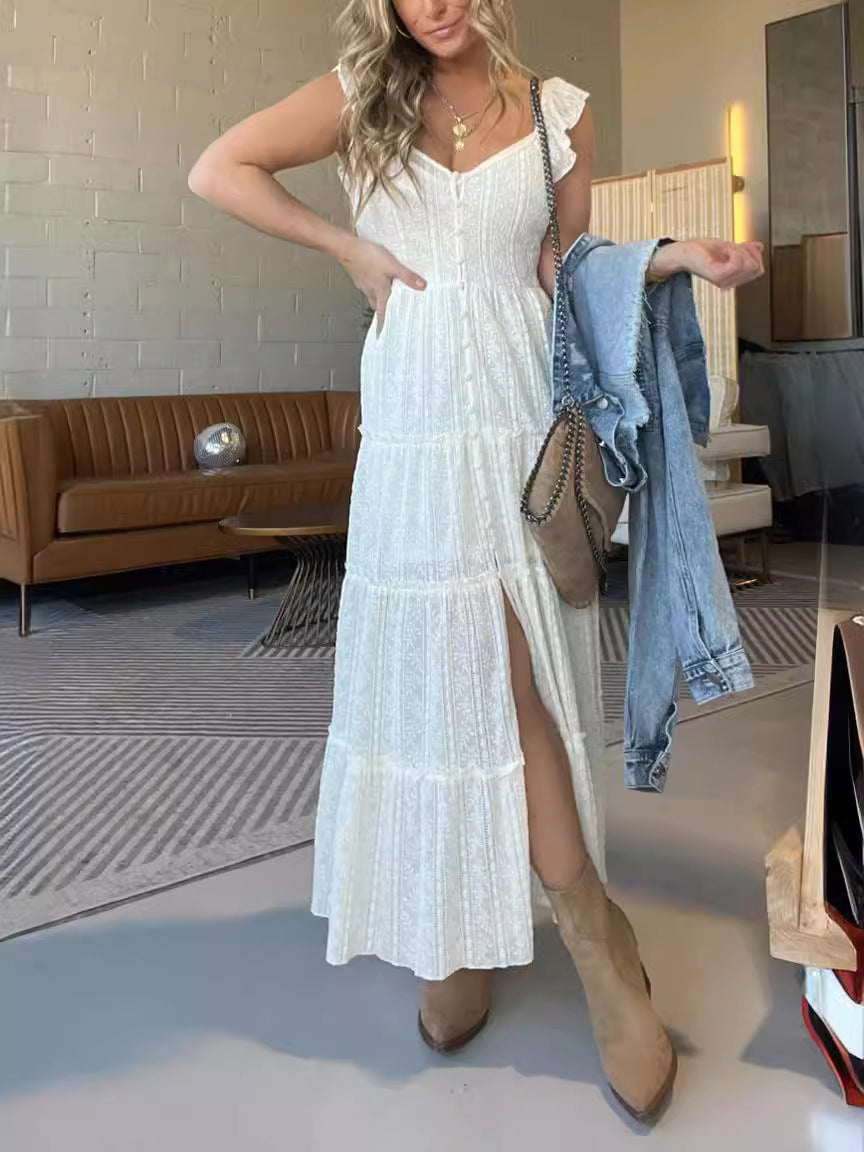 Amsoin V-neck Lace Ruffle Strap Long Dress