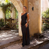 Amsoin One-Shoulder Slit Midi Satin Bodycon Dress