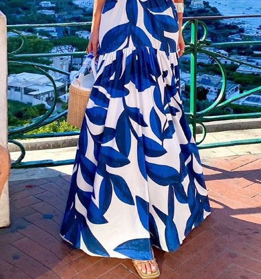 Amsoin Printed V-neck Puff Sleeve Long Sexy Waistless Dress