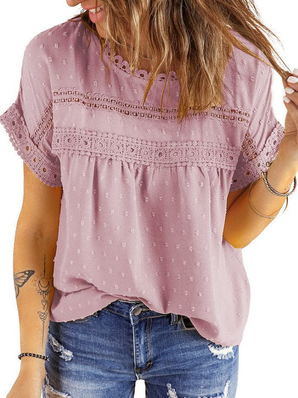 Solid Color Short Sleeve Lace Chiffon Top