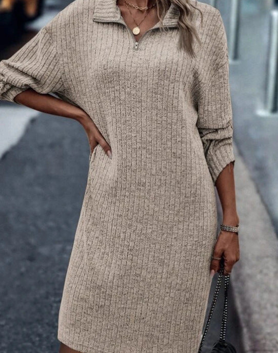 Amsoin Casual Long Sleeve V-neck Zipper Knit Dress
