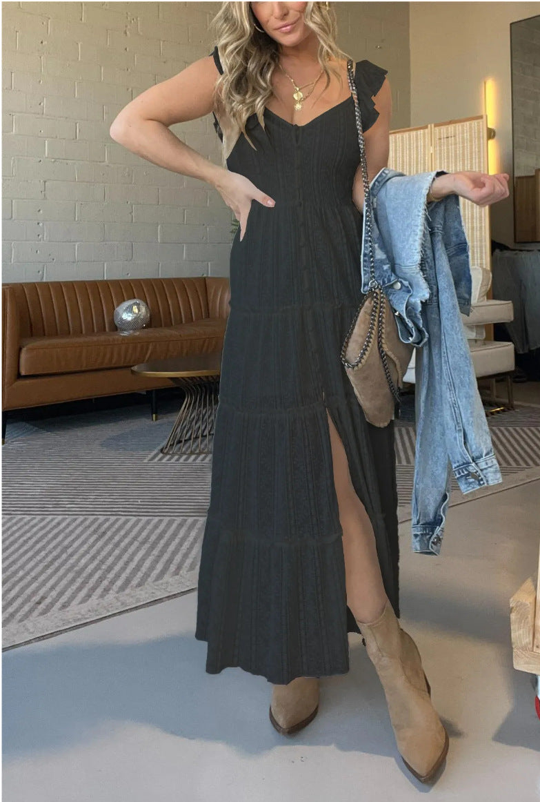 Amsoin V-neck Lace Ruffle Strap Long Dress