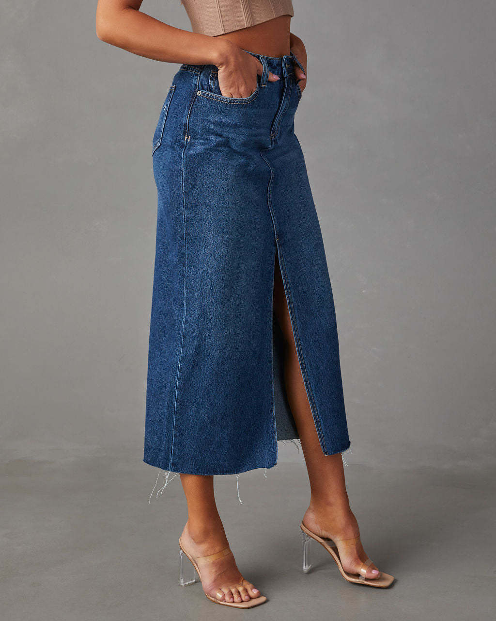 Amsoin High Waist Washed Denim Slit Midi Pencil Skirt