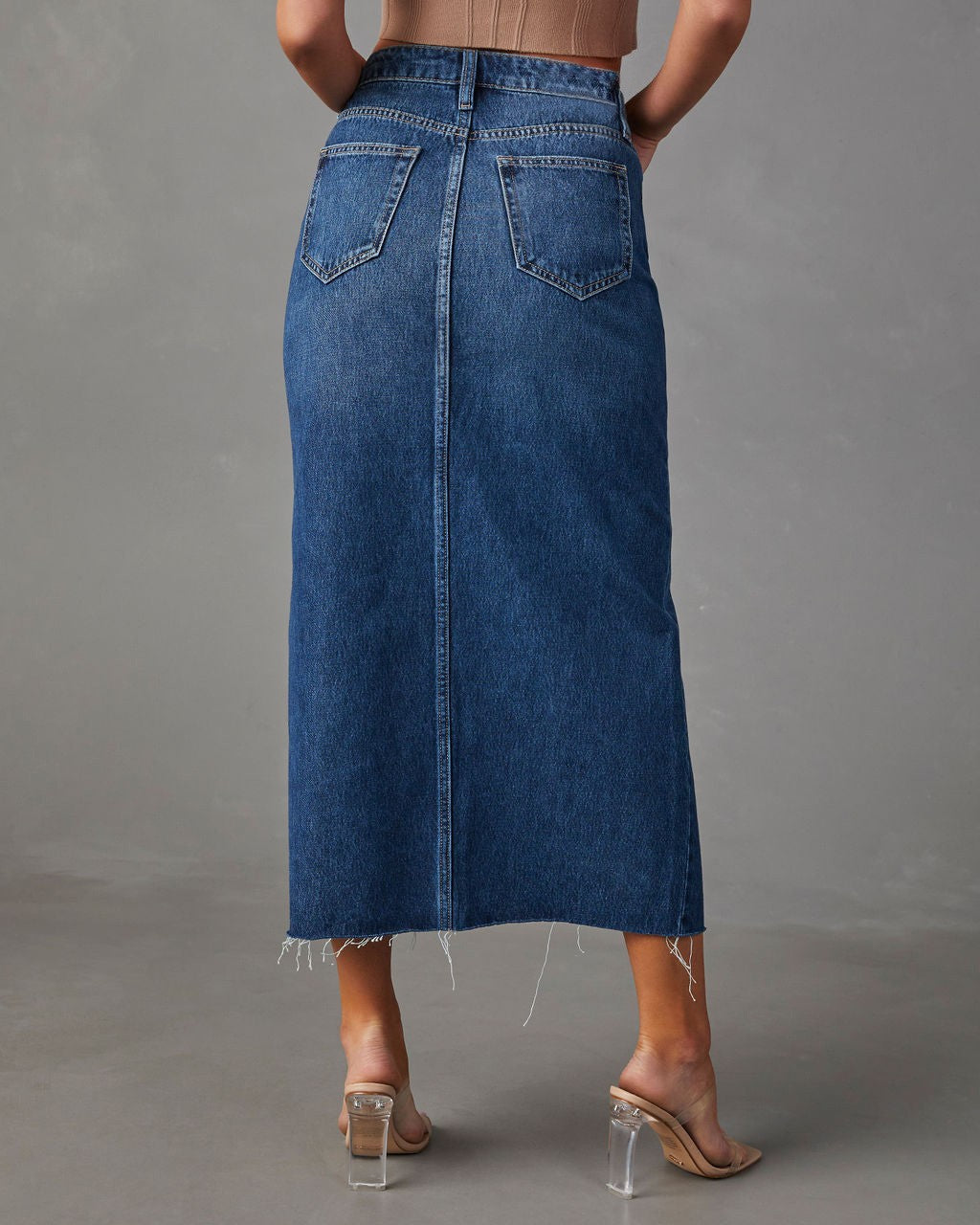 Amsoin High Waist Washed Denim Slit Midi Pencil Skirt
