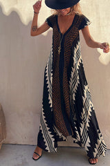 Amsoin V Neck Short Sleeve Color Block Printed  Maxi Swing Dress