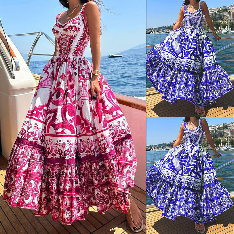 Amsoin Sexy Printed Fashion V-neck Backless High Waist Large Swing Dress