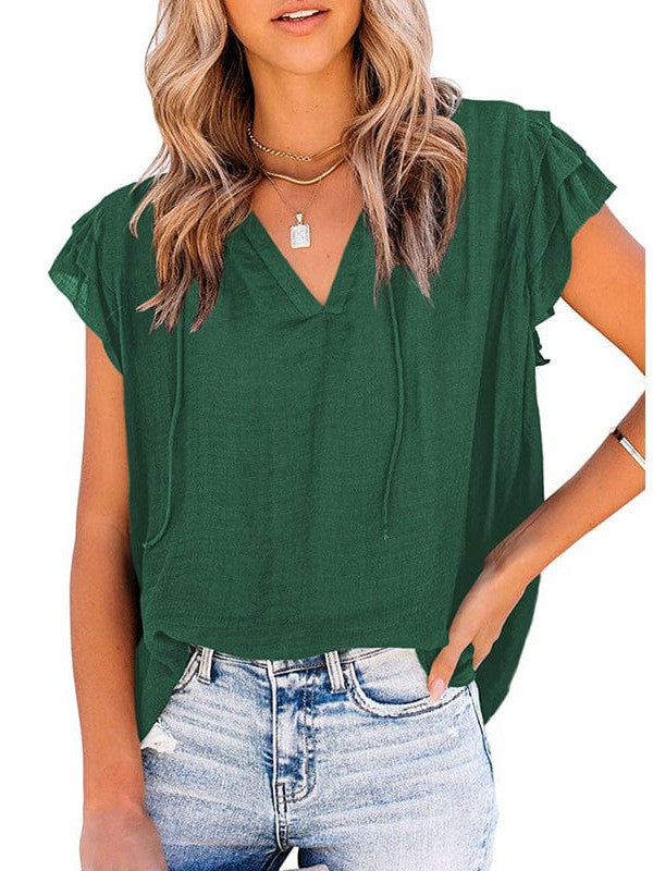 V-Neck Puff Sleeve Cotton Blend Top with Short Sleeves