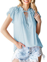 V-Neck Puff Sleeve Cotton Blend Top with Short Sleeves