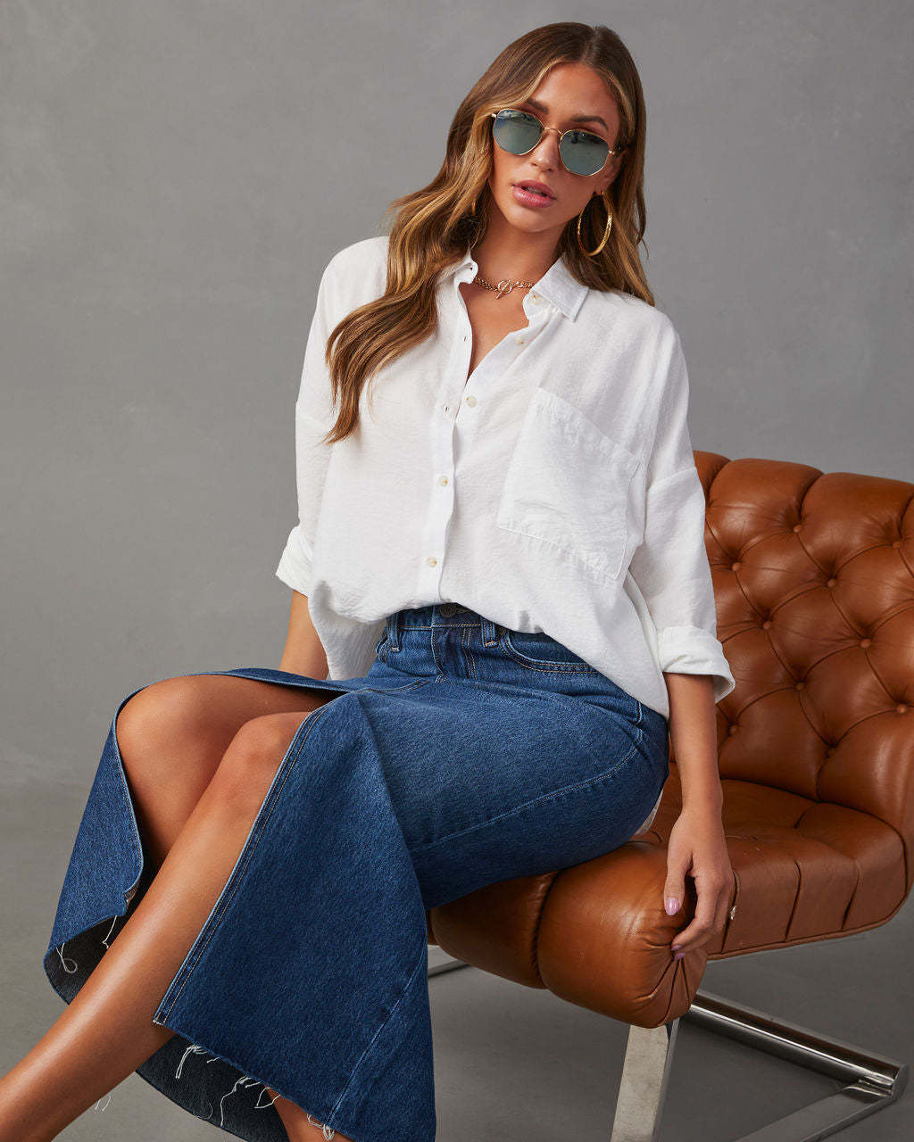 Amsoin High Waist Washed Denim Slit Midi Pencil Skirt