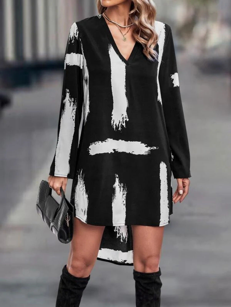 Clasi Brush Print High Low Hem Roll Up Sleeve Dress