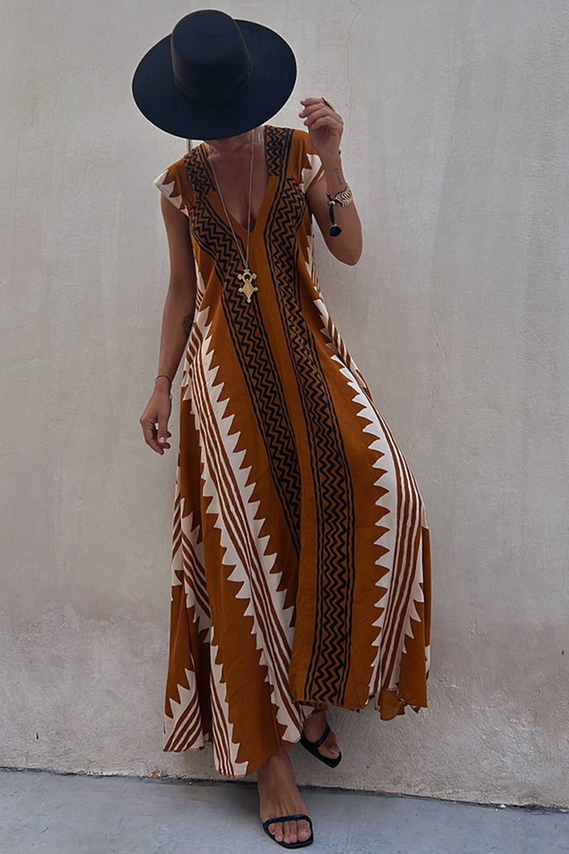 Amsoin V Neck Short Sleeve Color Block Printed  Maxi Swing Dress