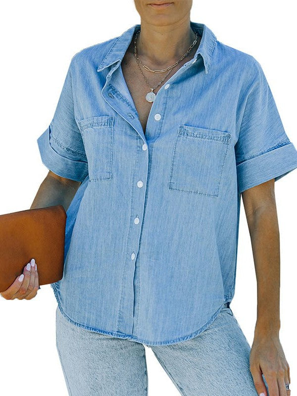 Amsoin Denim Shirt With Short Sleeves