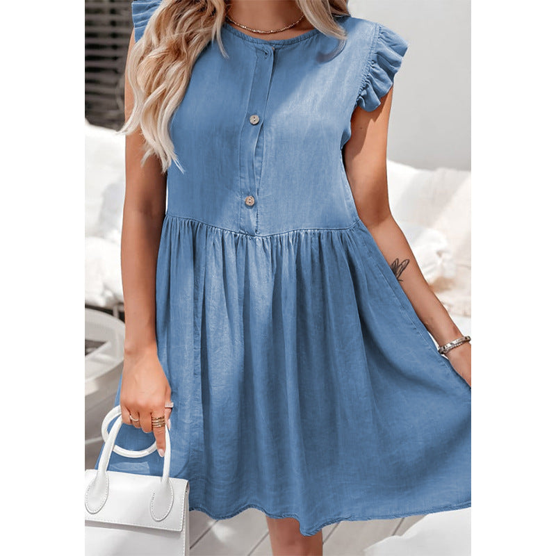 Amsoin Ruffle Sleeve Saist Slimming Denim Skirt