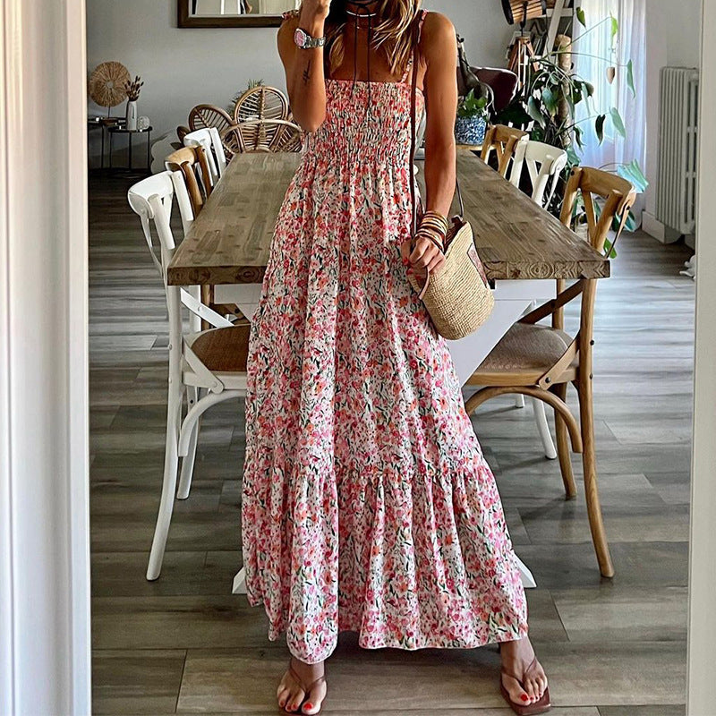 Amsoin Boho Floral Smocked Ruffled Maxi Dress