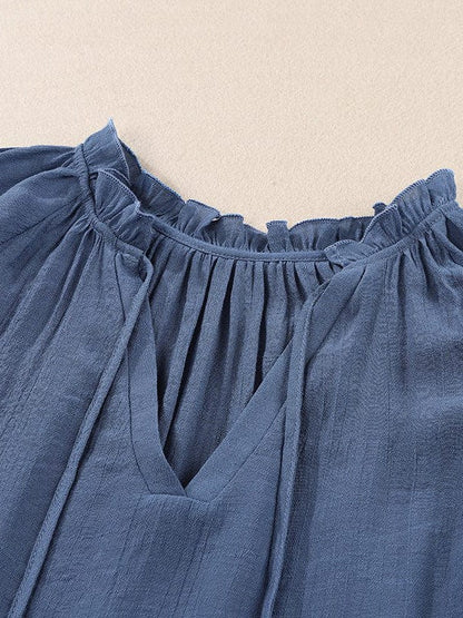 V-Neck Puff Sleeve Cotton Blend Top with Short Sleeves