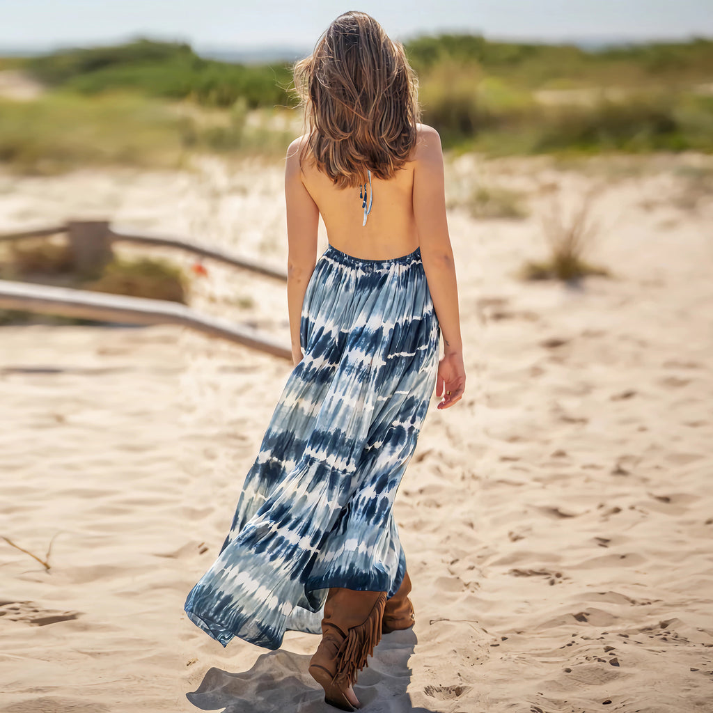 Amsoin Sexy Slim Tie Dye Strap Backless Printed Skirt Bohemian Beach Long Skirt