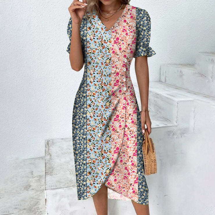 Amsoin Geometric Puff Sleeves Irregular Dress
