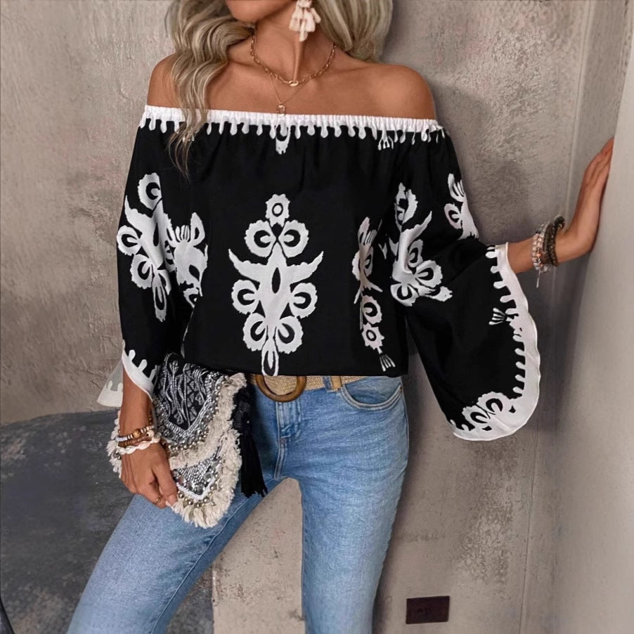 Fashion Loose Print Off-shoulder Top Women