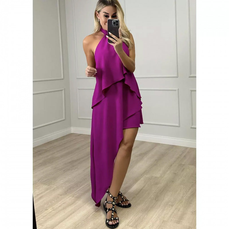 Amsoin Halter Backless Tied Detail Asymmetrical Dress
