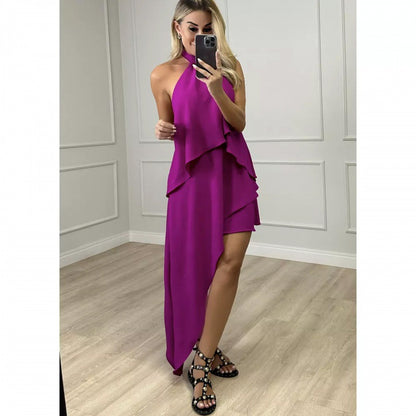 Amsoin Halter Backless Tied Detail Asymmetrical Dress